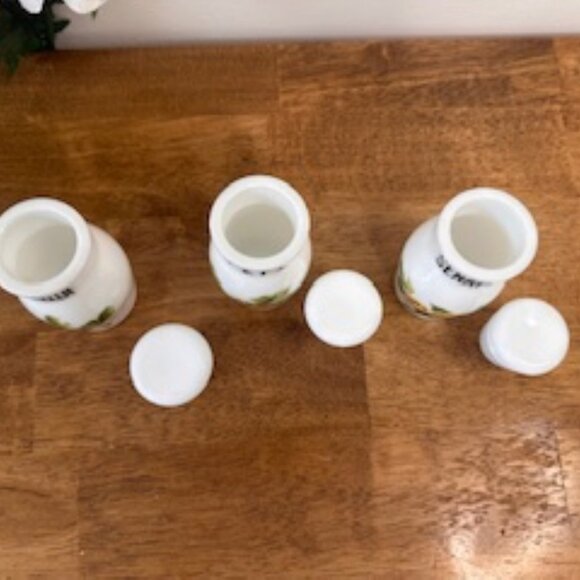 Vintage Italian Milk Glass Spice Jars Cannella Pepe Senape Fruit Opalex Style - Picture 8 of 8